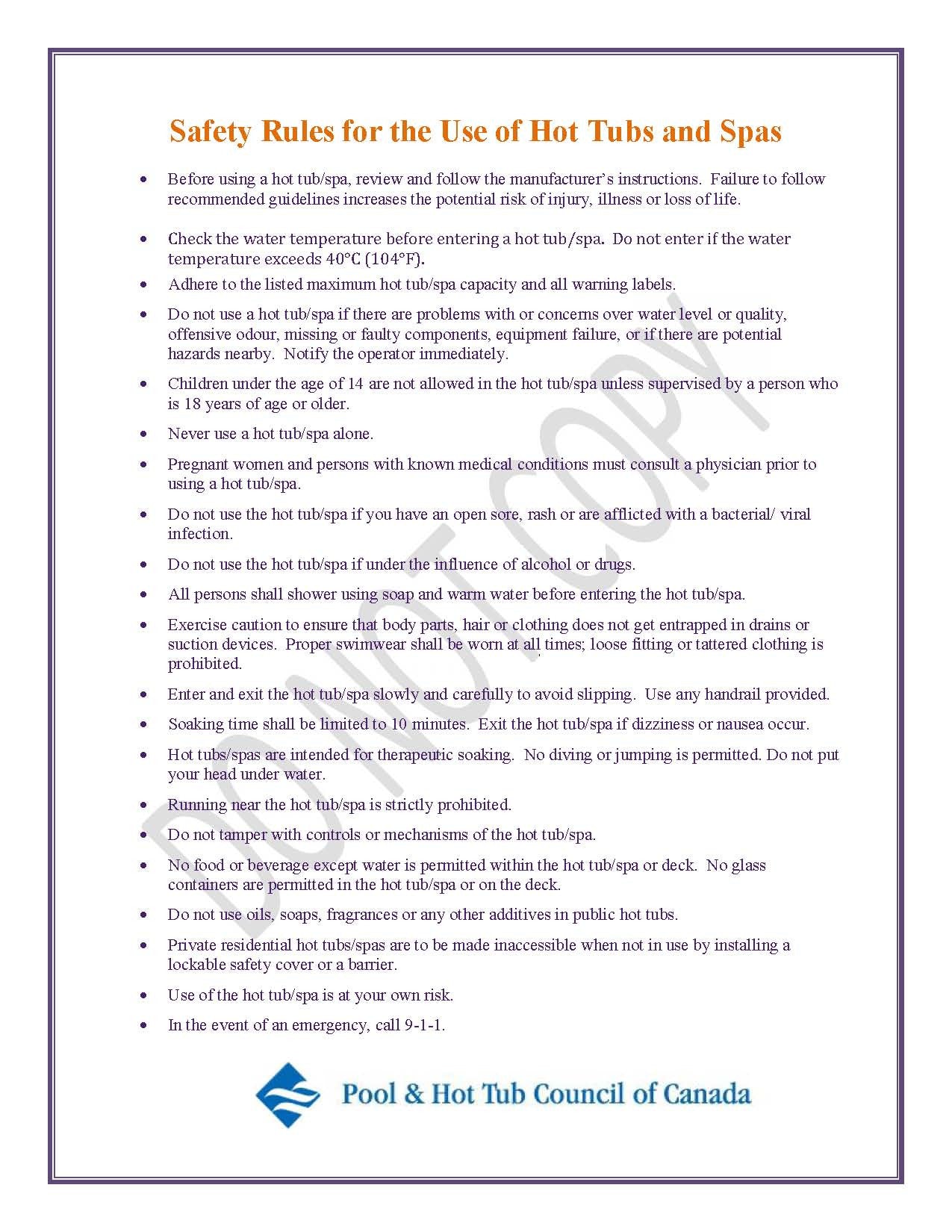 SIGN -  Safety Rules for the Use of Hot Tubs and Spas