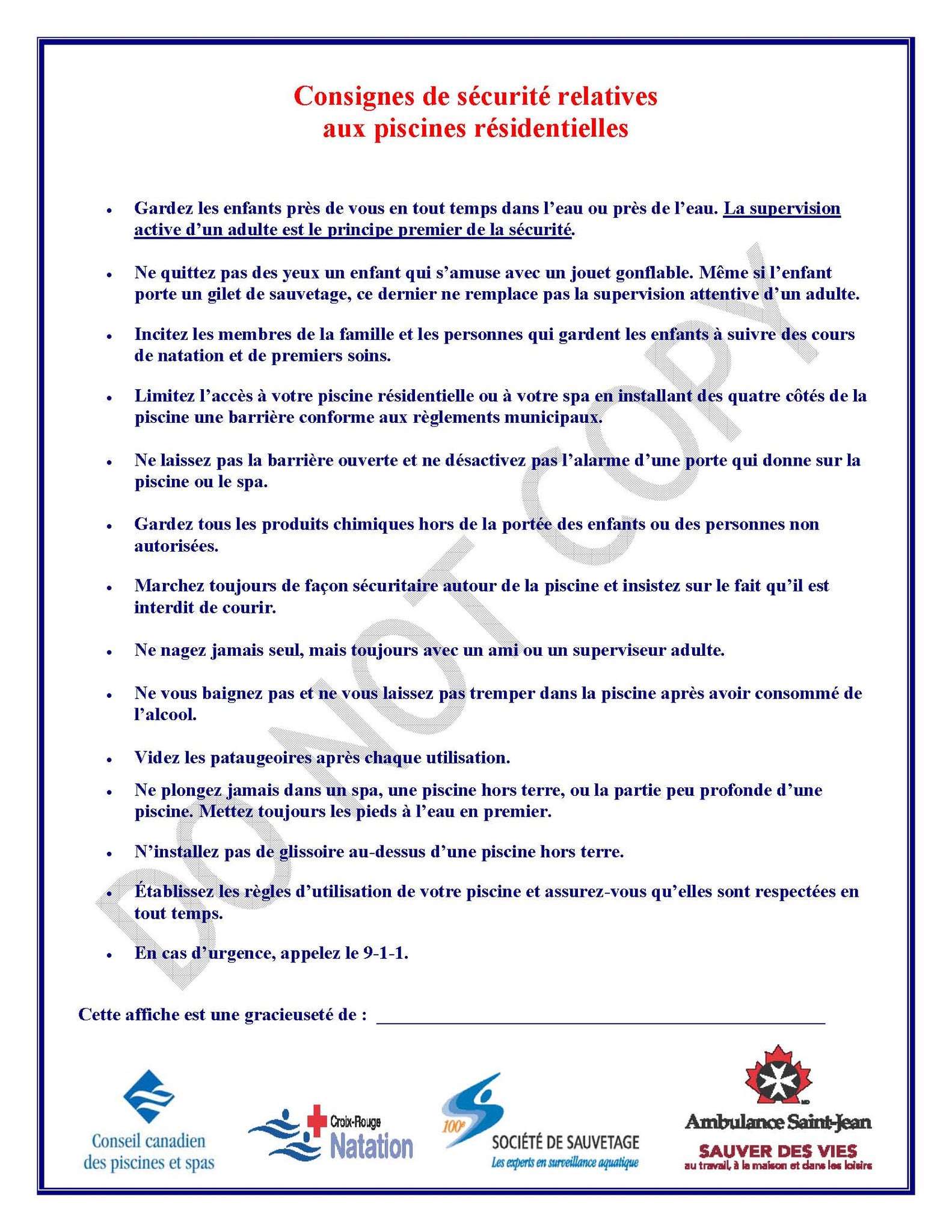 AFFICHE – Consignes de sécurité relatives aux piscines résidentielles